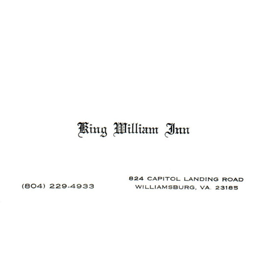 1970s King William Inn Williamsburg VA Business Card TH9-SX2