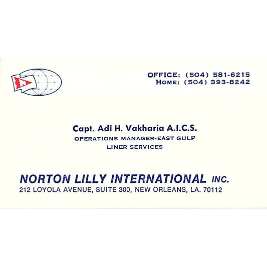 Capt Adi H Vakharia Norton Lilly Intl New Orleans Vintage Business Card SC9-B3