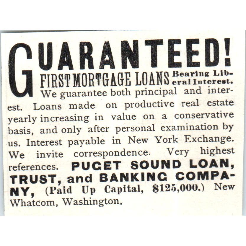 Puget Sound Loan, Trust and Banking Co Whatcom WA c1890 Victorian Ad AE8-CH10