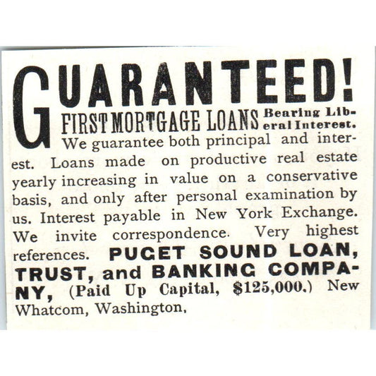 Puget Sound Loan, Trust and Banking Co Whatcom WA c1890 Victorian Ad AE8-CH10