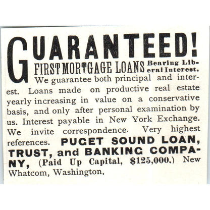 Puget Sound Loan, Trust and Banking Co Whatcom WA c1890 Victorian Ad AE8-CH10