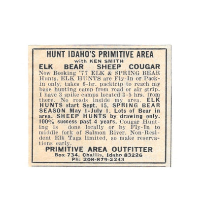 Primitive Area Outfitter Hunting Ken Smith Challis Idaho 1977 Ad AF6-S1
