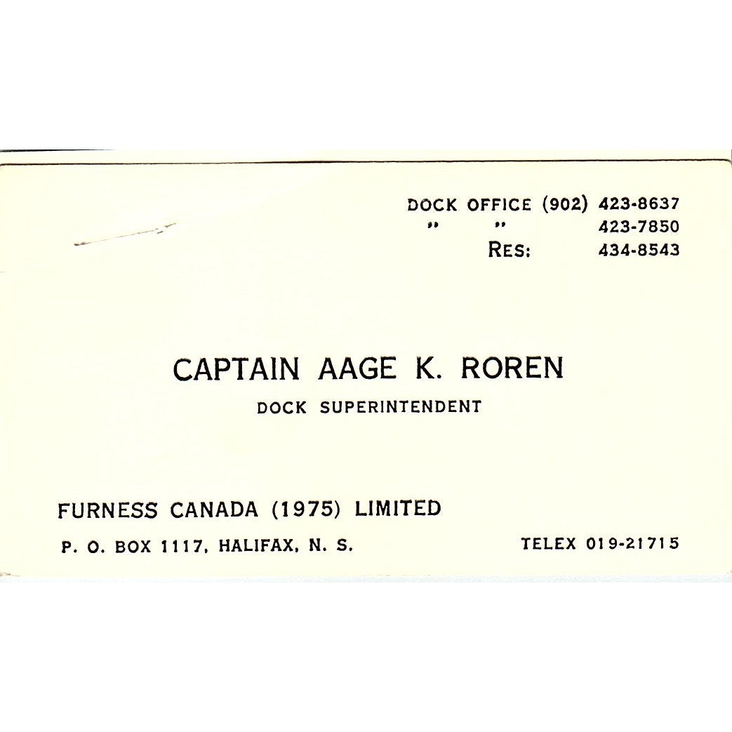Captain Aage K Roren Furness Canada Ltd Halifax NS Vintage Business Card SC9-B4
