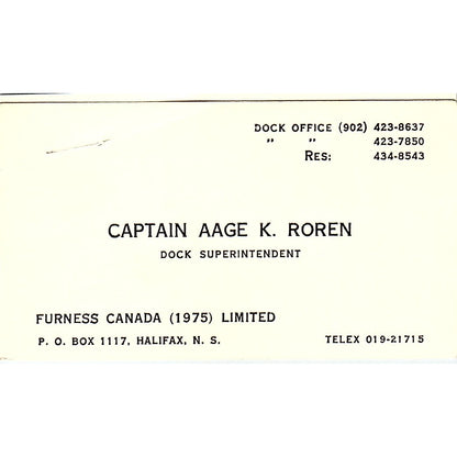 Captain Aage K Roren Furness Canada Ltd Halifax NS Vintage Business Card SC9-B4