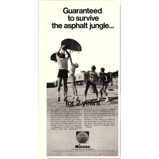 Mikasa Basketballs Guaranteed to Survive Asphalt Jungle 5x10" 1983 Ad AF6-17