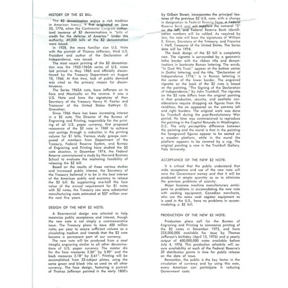 1975 The Story of the Two Dollar Bill Information Pamphlet TF4-BD