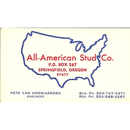 All-American Stud Co Pete Van Herwaarden Springfield OR Vtg Business Card SD9-B4