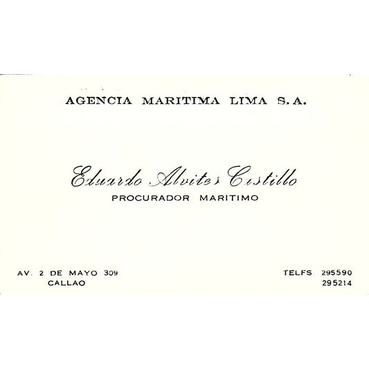 Eduardo Alvites Castillo Agencia Maritima Lima Callao Vtg Business Card SC9-B6