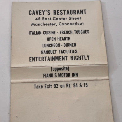 Cavey's of Manchester Fiano's Motor Inn CT Vintage Matchbook Cover TB8-MB-12