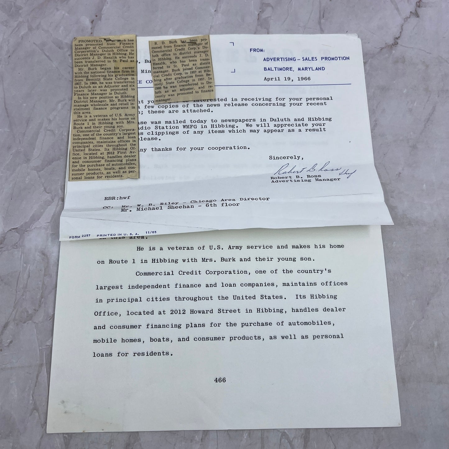 1966 Commercial Credit Corp. R.D. Burk Promotion Press Release Hibbing MN TA9-E1
