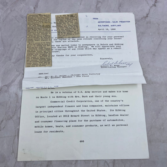 1966 Commercial Credit Corp. R.D. Burk Promotion Press Release Hibbing MN TA9-E1