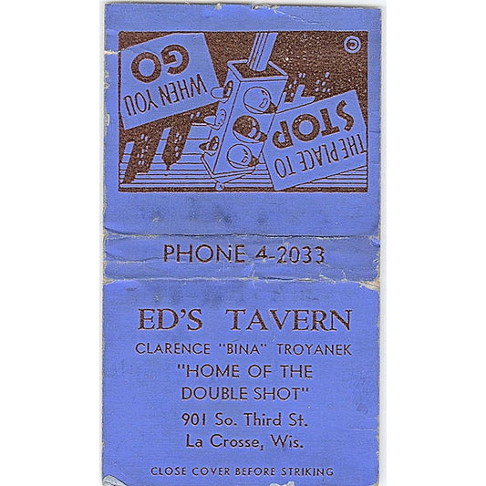 Ed's Tavern Clarence Bina Troyanek La Crosse WI Vintage Matchbook Cover SC7-Y3