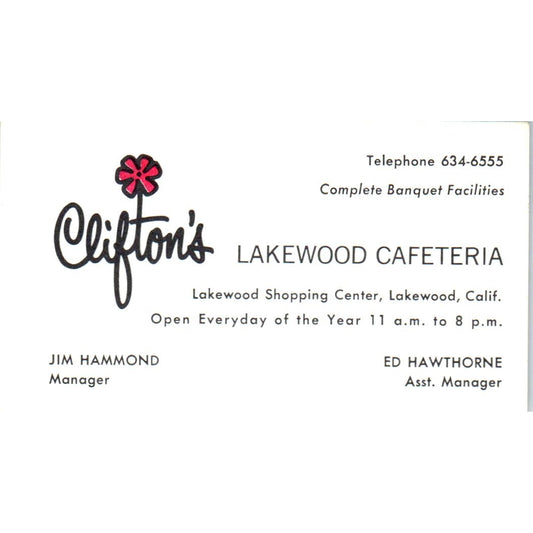 Clifton's Lakewood Cafeteria Jim Hammond Ed Hawthorne CA Business Card SD8-B7