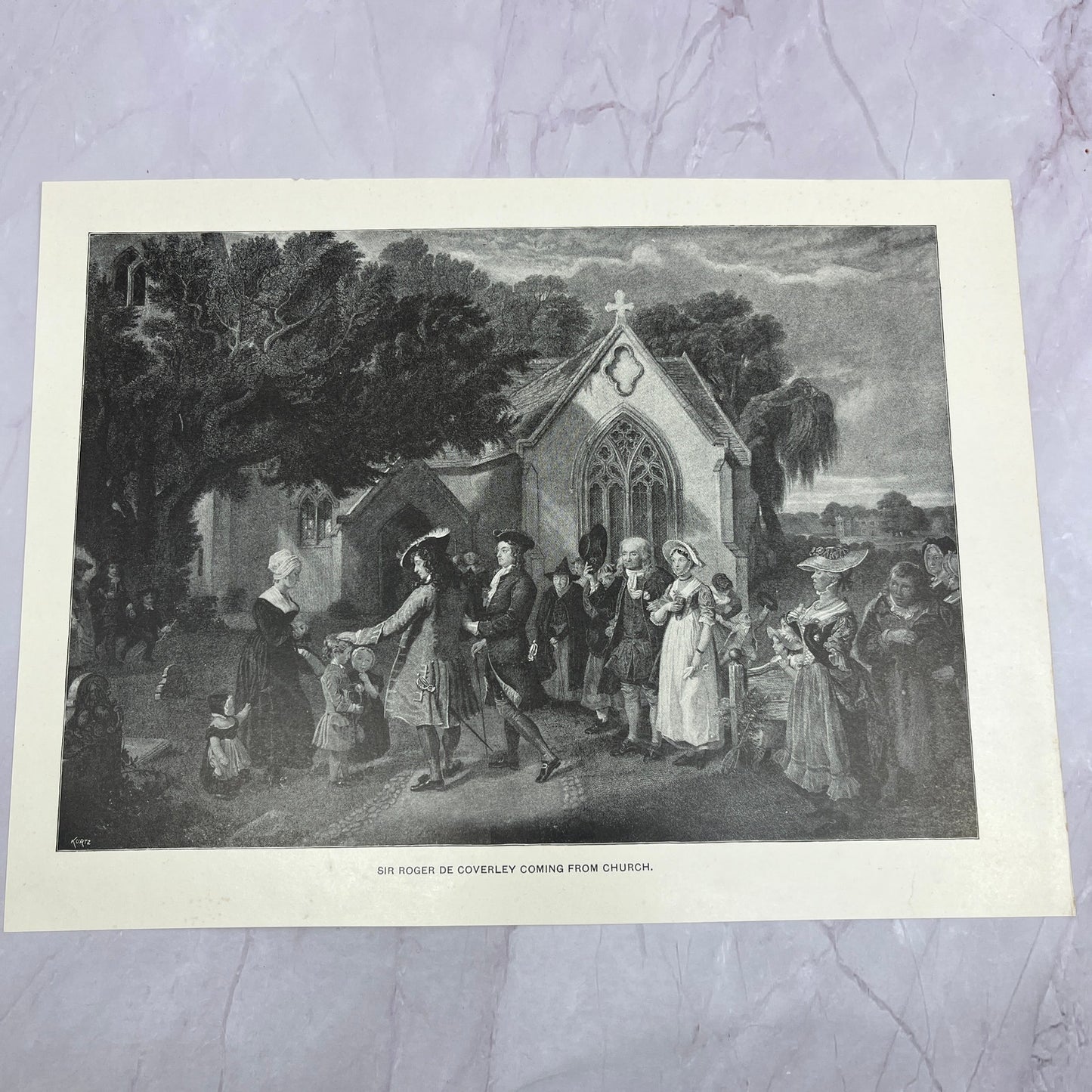 Sir Roger De Coverley Coming From Church Antique 8.5x11.5" Engraving Print V20