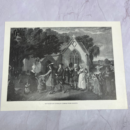 Sir Roger De Coverley Coming From Church Antique 8.5x11.5" Engraving Print V20