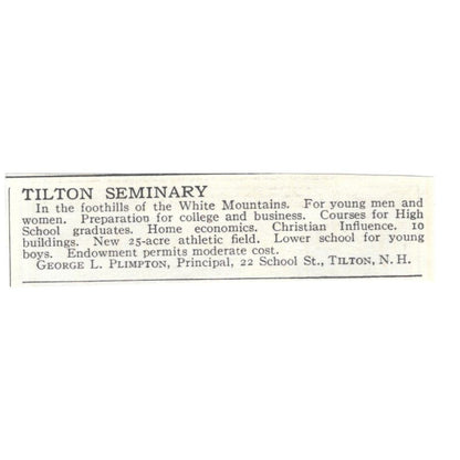 Tilton Seminary George L. Plimpton c1918 Original Magazine Advertisement AE5-SA7