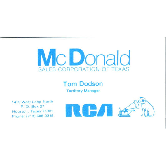 Tom Dodson McDonald Sales Corp Houston TX Vintage Business Card SD8-B5