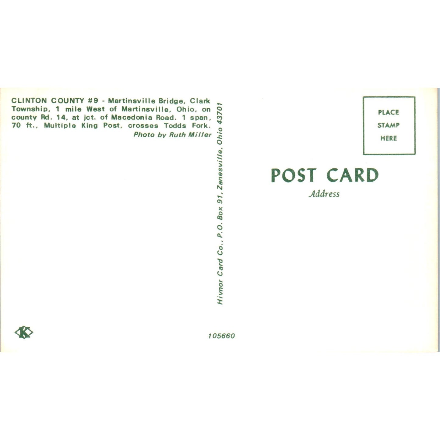 Clinton County 9 Clark Township Martinsville OH Covered Bridge Postcard PC11