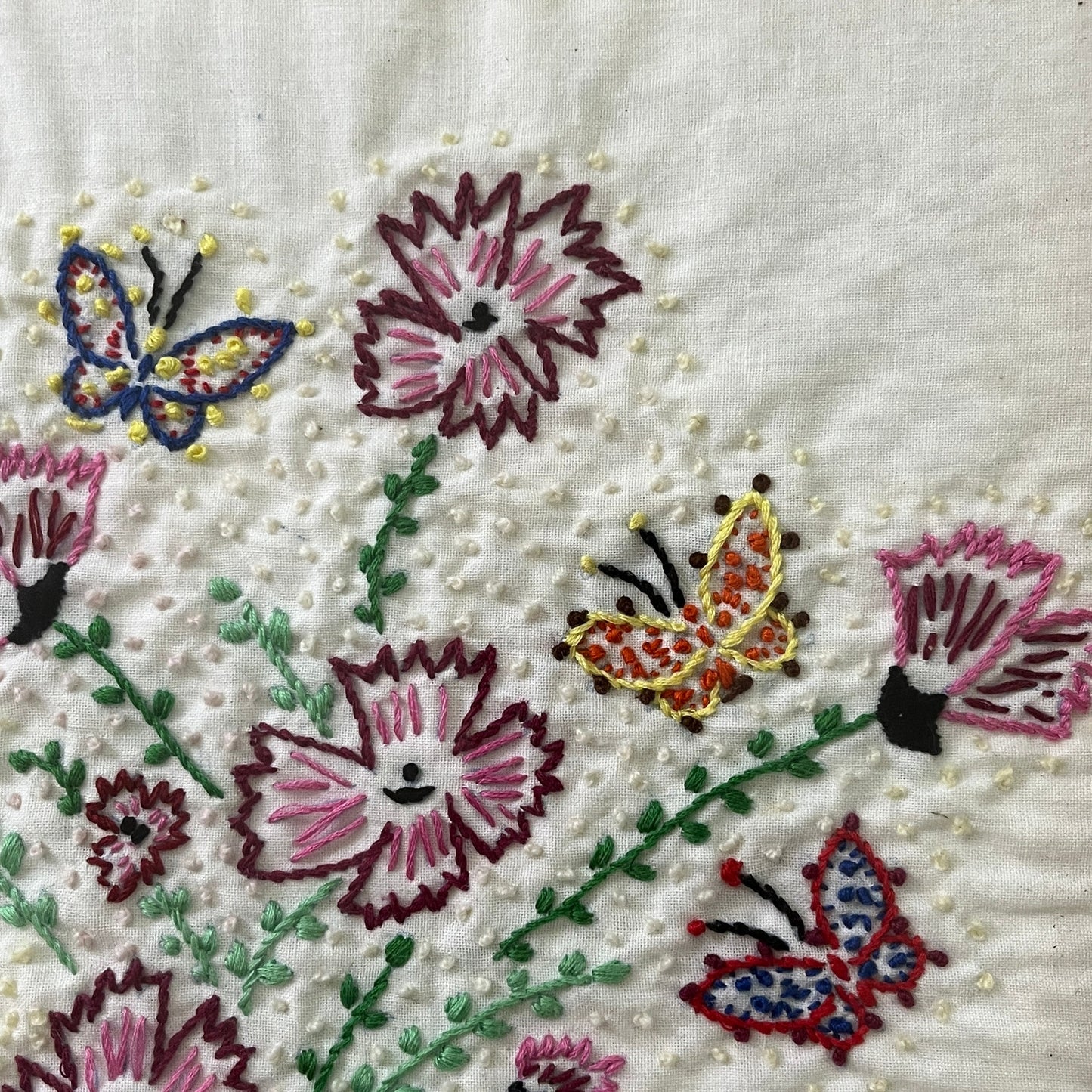 Vtg Framed Needlework Crewel Wool Embroidered Basket of Flowers Floral 15x15"