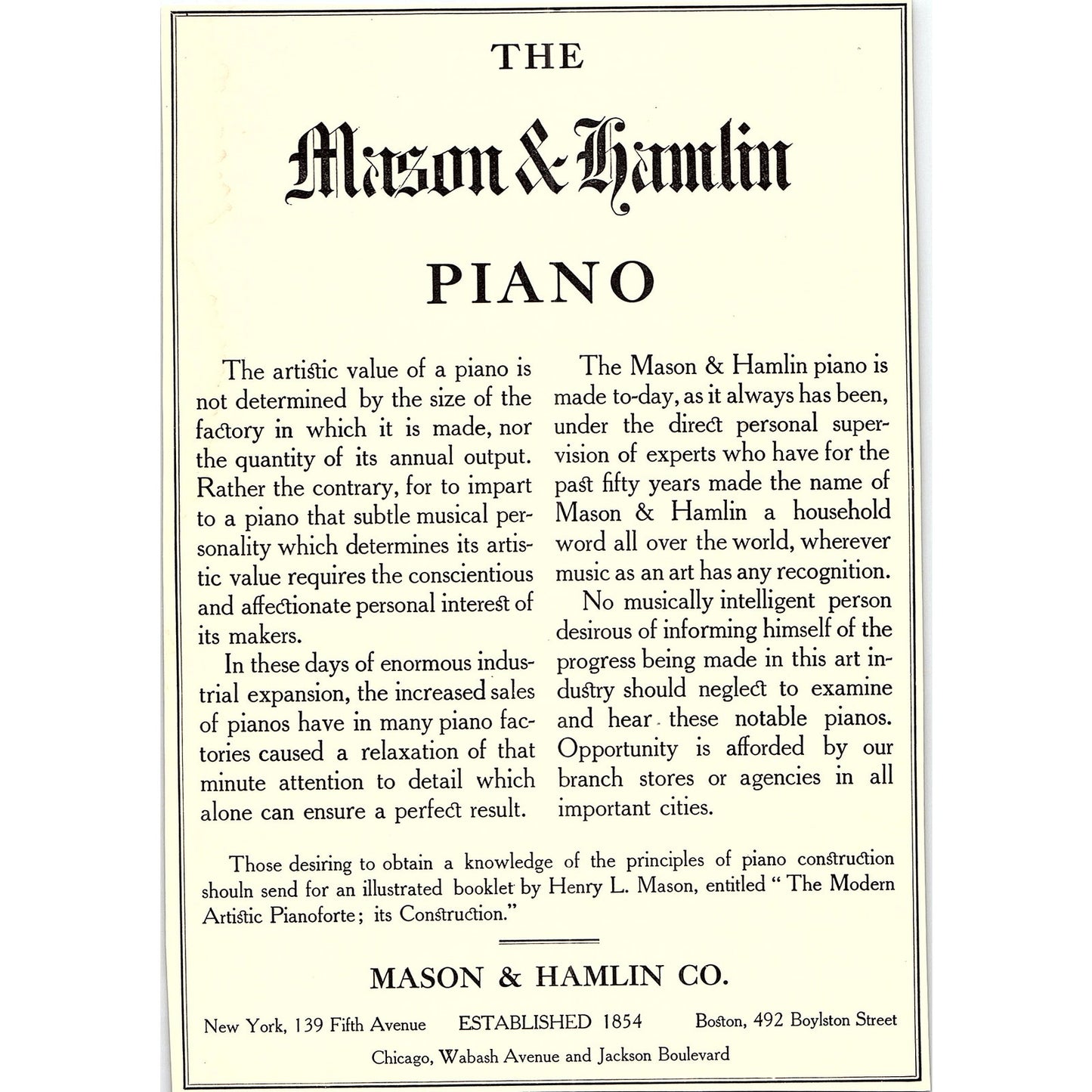 The Mason & Hamlin Co Piano New York Chicago - 1906 Ad AF5-3