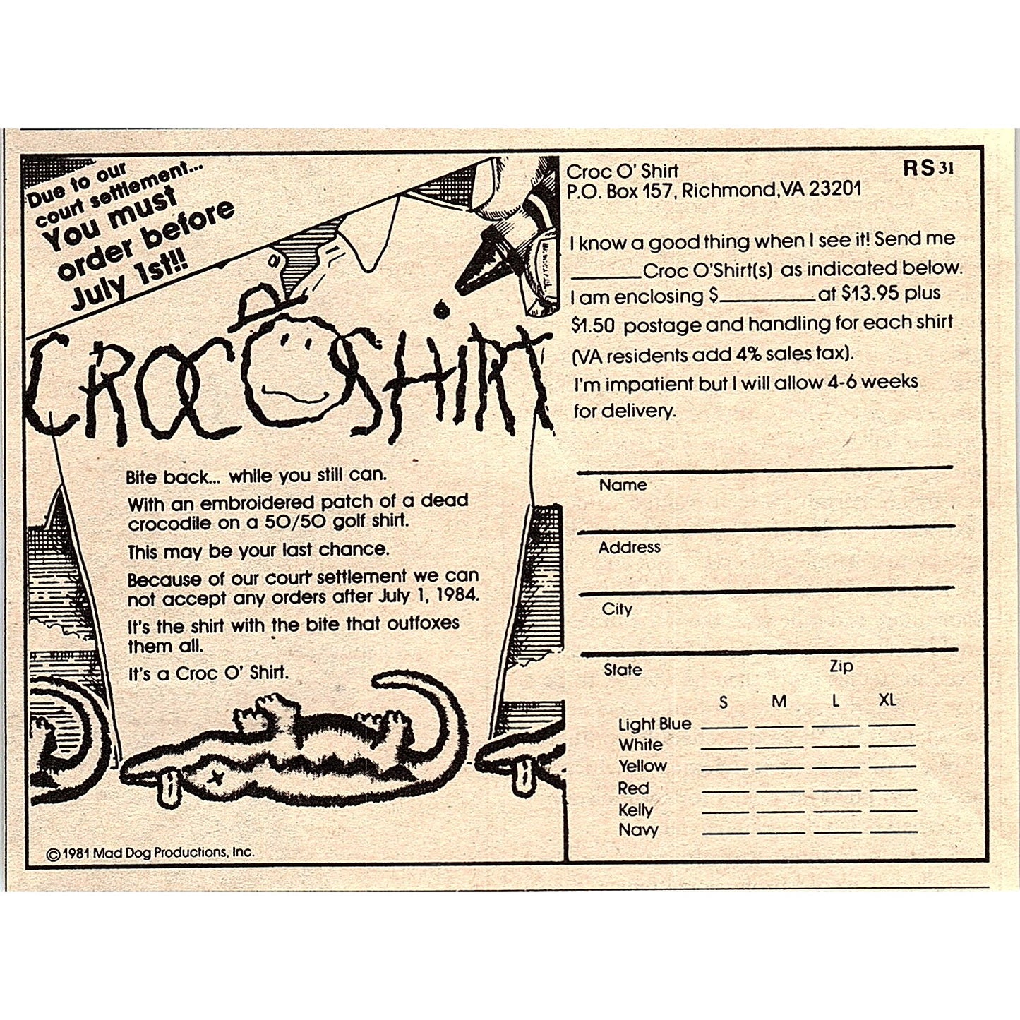 Croc 'O Shirt Richmond VA Mad Dog Productions 1984 Ad AF8-H1