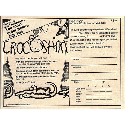 Croc 'O Shirt Richmond VA Mad Dog Productions 1984 Ad AF8-H1