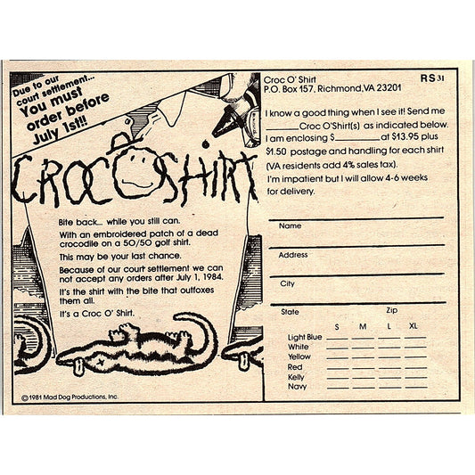 Croc 'O Shirt Richmond VA Mad Dog Productions 1984 Ad AF8-H1