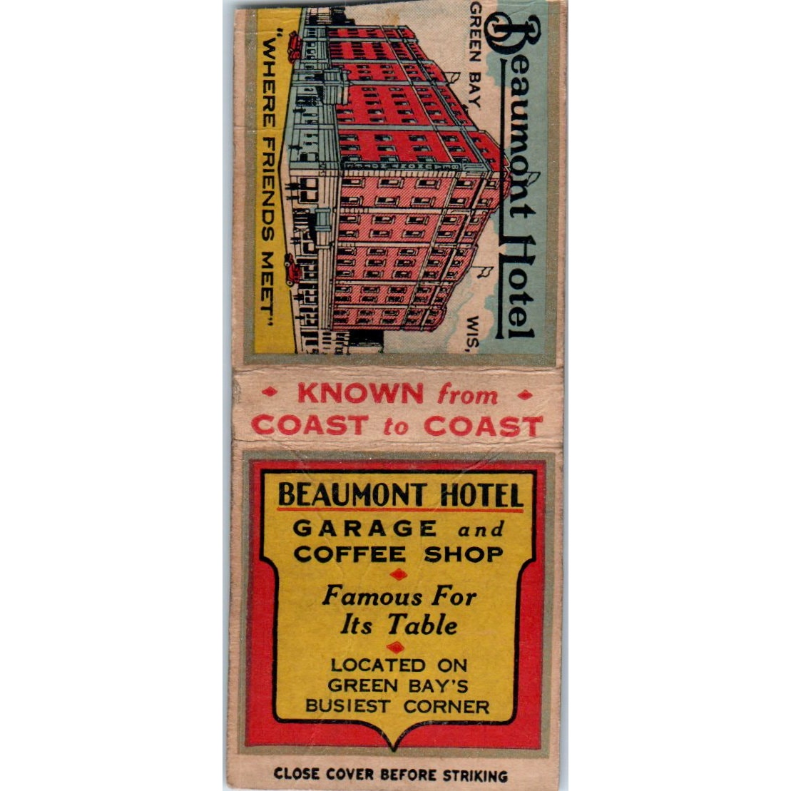 Beaumont Hotel Garage & Coffee Shop Green Bay WI Vintage Matchbook Cover SD2-Y12