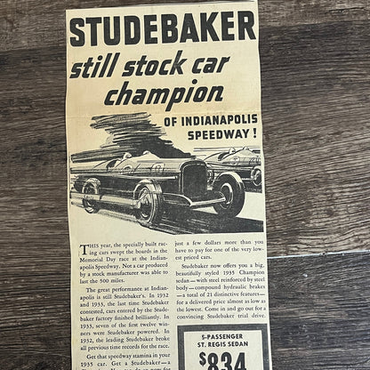 Studebaker Sales Co of Minneapolis Stock Car of Indy 1935 Newspaper Ad V1-9