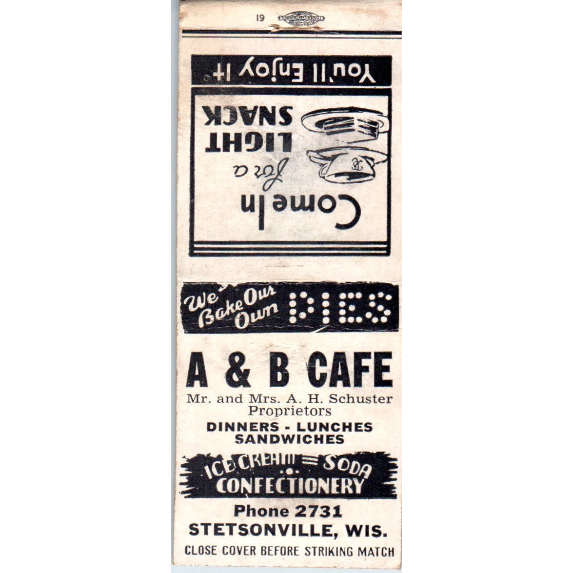 A&B Cafe A.H. Schuster Stetsonville WI Vintage Matchbook Cover SD2-Y9