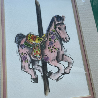 Pink Carousel Horse 5x7 Matted Print Hand Watercolor, Signed Shar Coulson