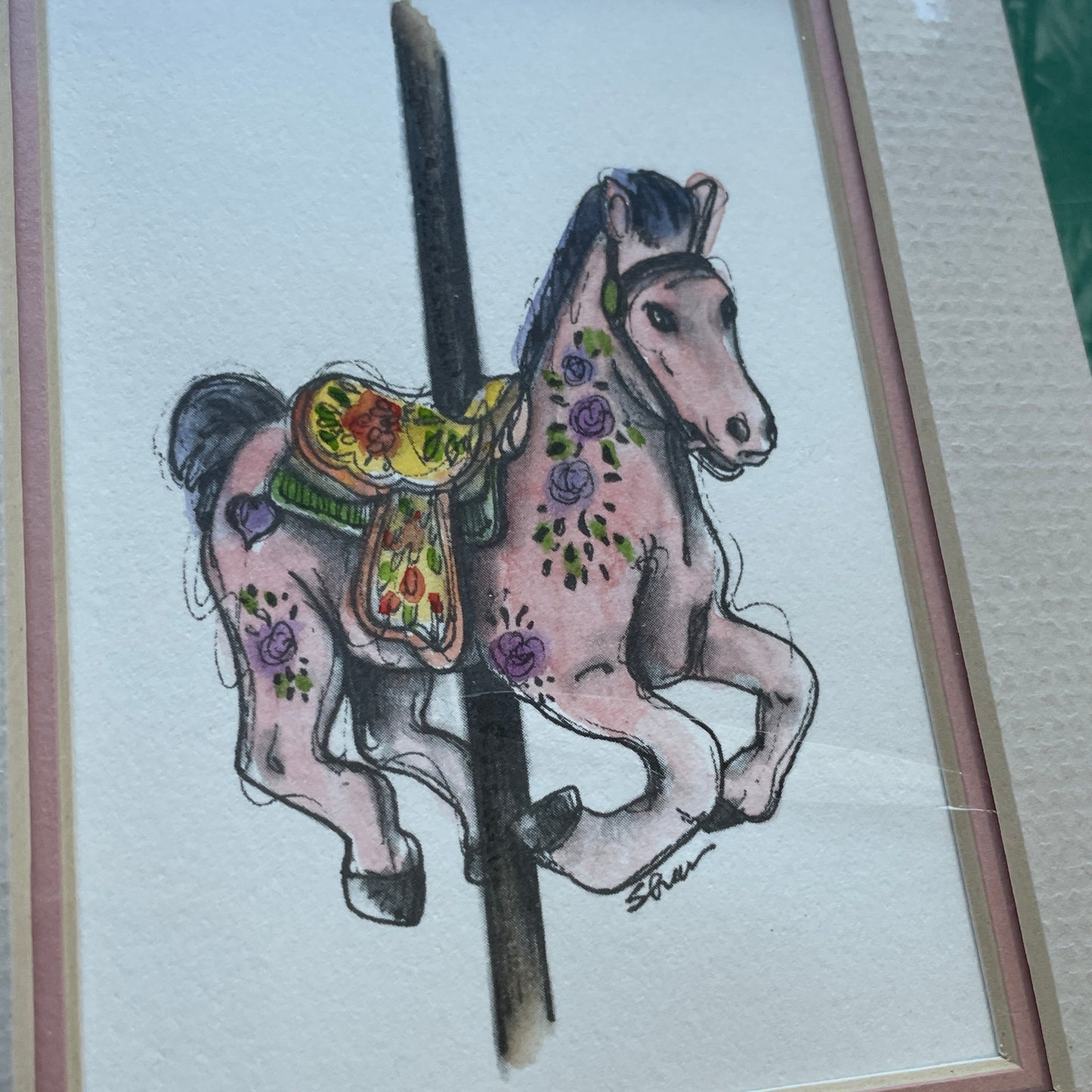 Pink Carousel Horse 5x7 Matted Print Hand Watercolor, Signed Shar Coulson