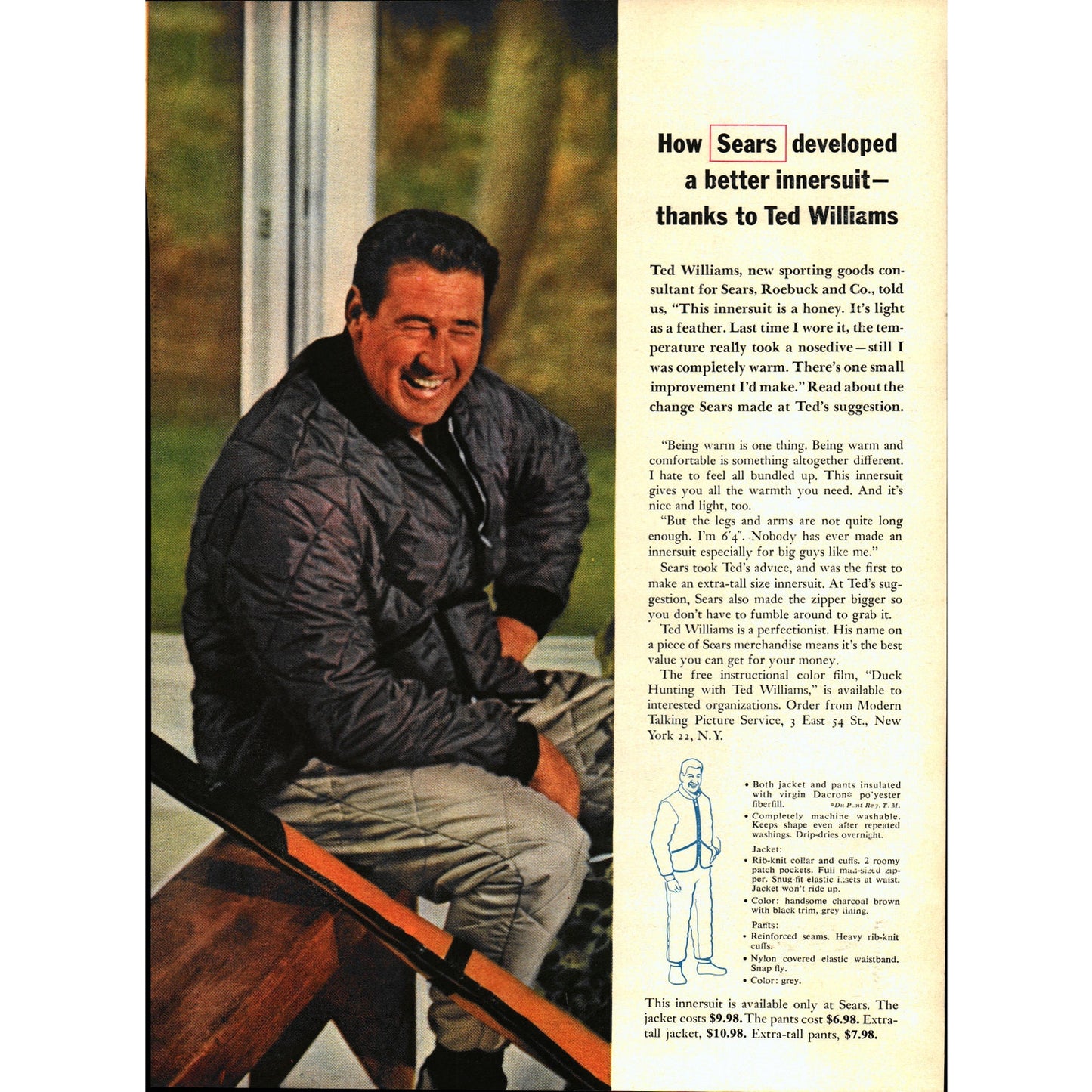 Vintage Sears Jackets Ted Williams Red Sox Baseball MLB Ad 8x11" V1-1