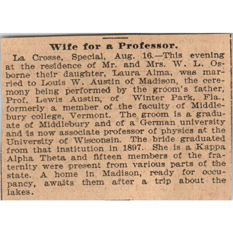 Laura Alma Married to Louis Austin La Crosse WI 1898 Newspaper Ad AF2-Q3