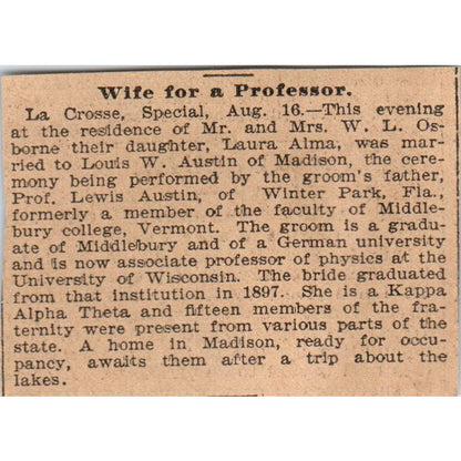 Laura Alma Married to Louis Austin La Crosse WI 1898 Newspaper Ad AF2-Q3