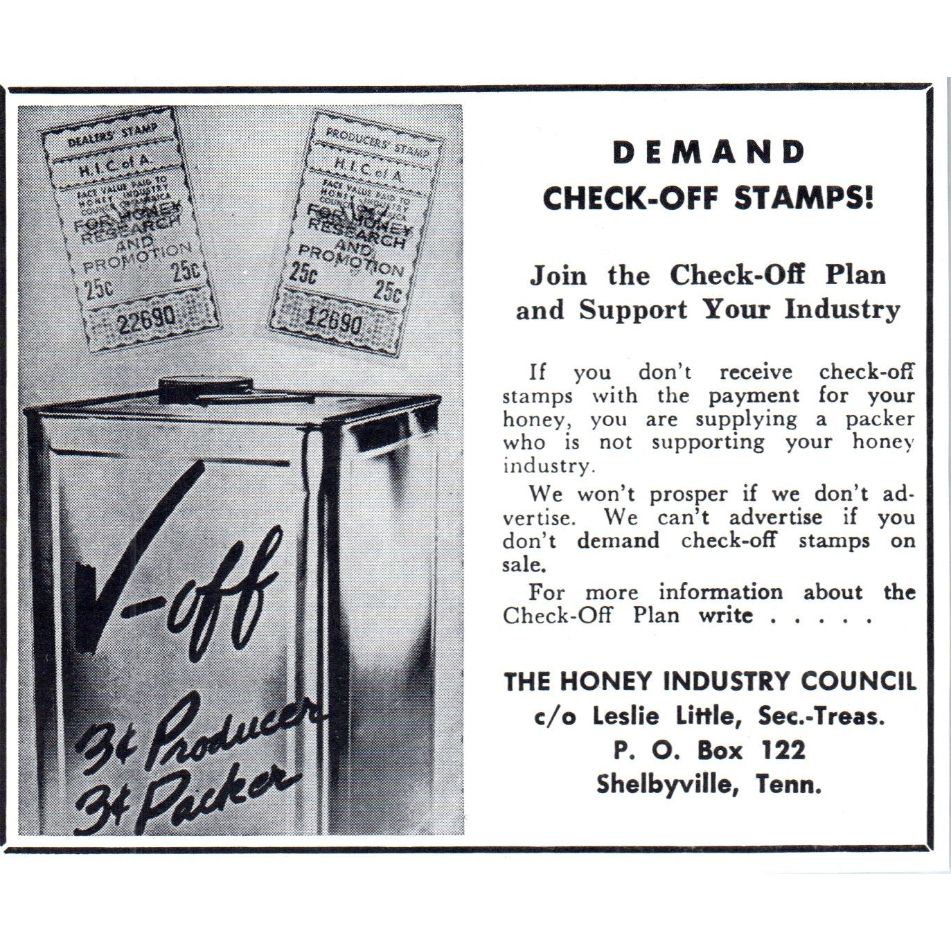 The Honey Industry Council Check-Off Stamps Shelbyville TN 1964 Ad AB6-LB