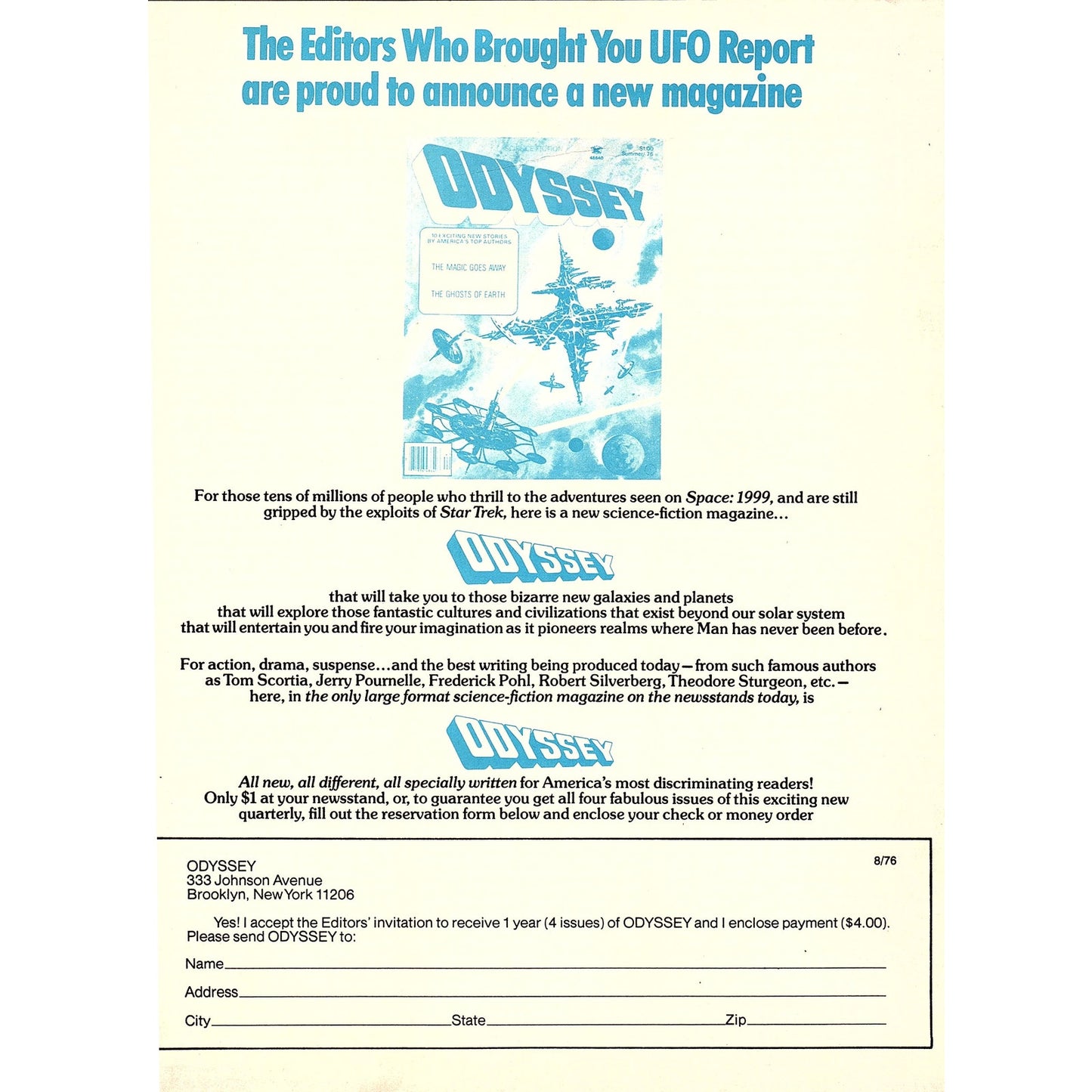 Odyssey Space Exploration UFO Sci-Fi Magazine Order Blank 1967 Ad AG1-17