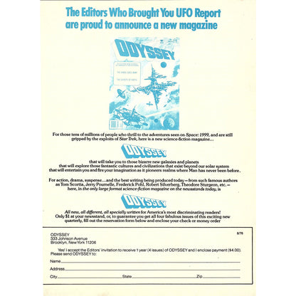 Odyssey Space Exploration UFO Sci-Fi Magazine Order Blank 1967 Ad AG1-17
