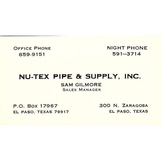 Nu-Tex Pipe & Supply inc San Gilmore El Paso TX Vintage Business Card SE5-B3