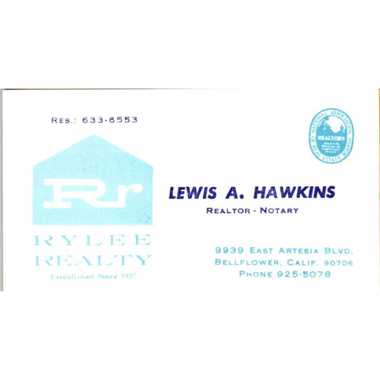 Lewis A. Hawkins Rylee Realty Bellflower CA Vintage Business Card SD8-B1