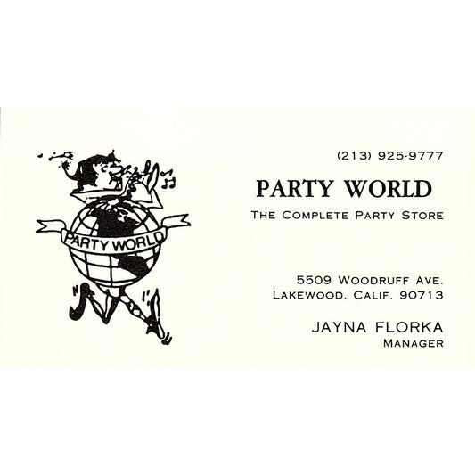 Party World Complete Party Store, Jayna Florka Lakewood CA Business Card SB4-B2