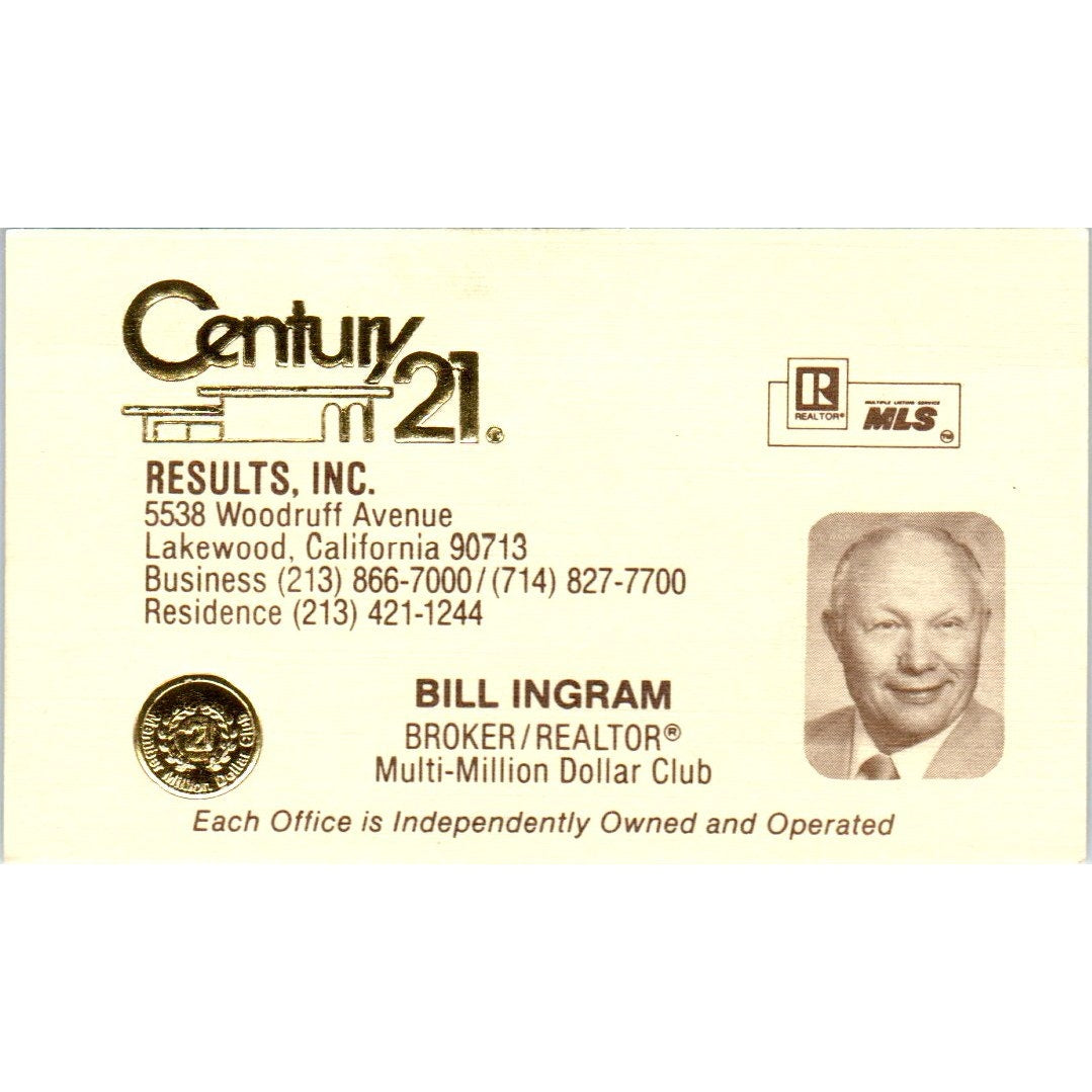 Bill Ingram Results Inc Century 21 Realty Lakewood CA Vtg Business Card SD4-B5