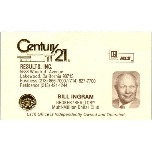 Bill Ingram Results Inc Century 21 Realty Lakewood CA Vtg Business Card SD4-B5