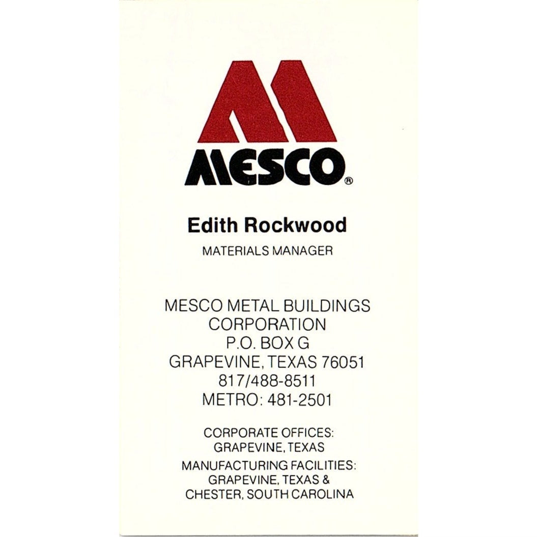Edith Rockwood Mesco Metal Building Grapevine TX Vintage Business Card SE5-B3