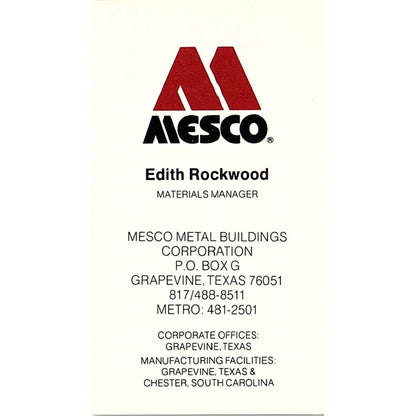 Edith Rockwood Mesco Metal Building Grapevine TX Vintage Business Card SE5-B3