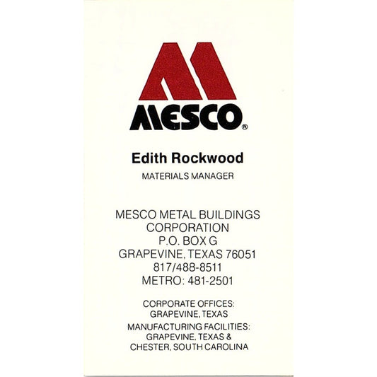 Edith Rockwood Mesco Metal Building Grapevine TX Vintage Business Card SE5-B3