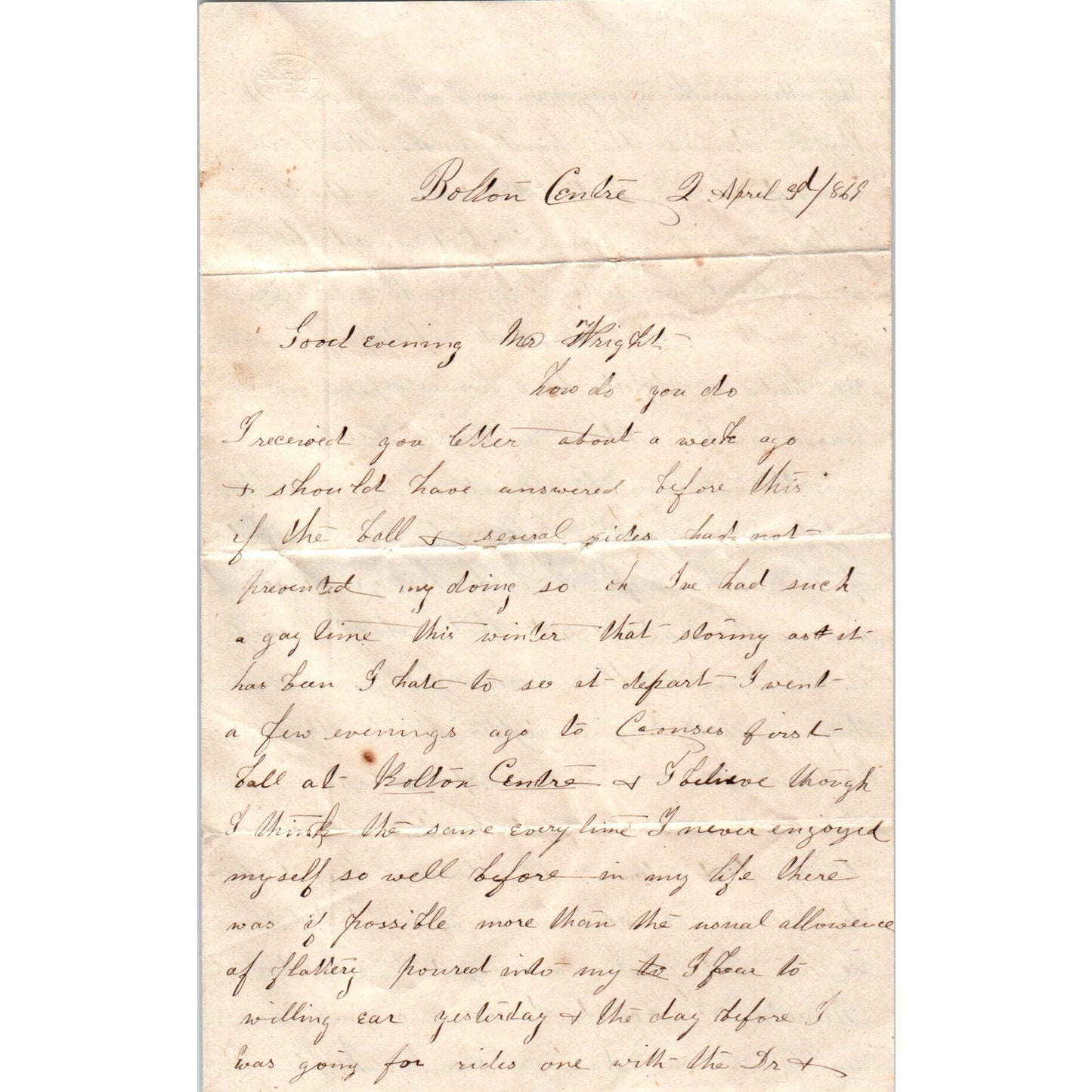 1869 Handwritten Letter Bolton Centre Quebec Nellie Tilton - Mr. Wright AB6-OD1