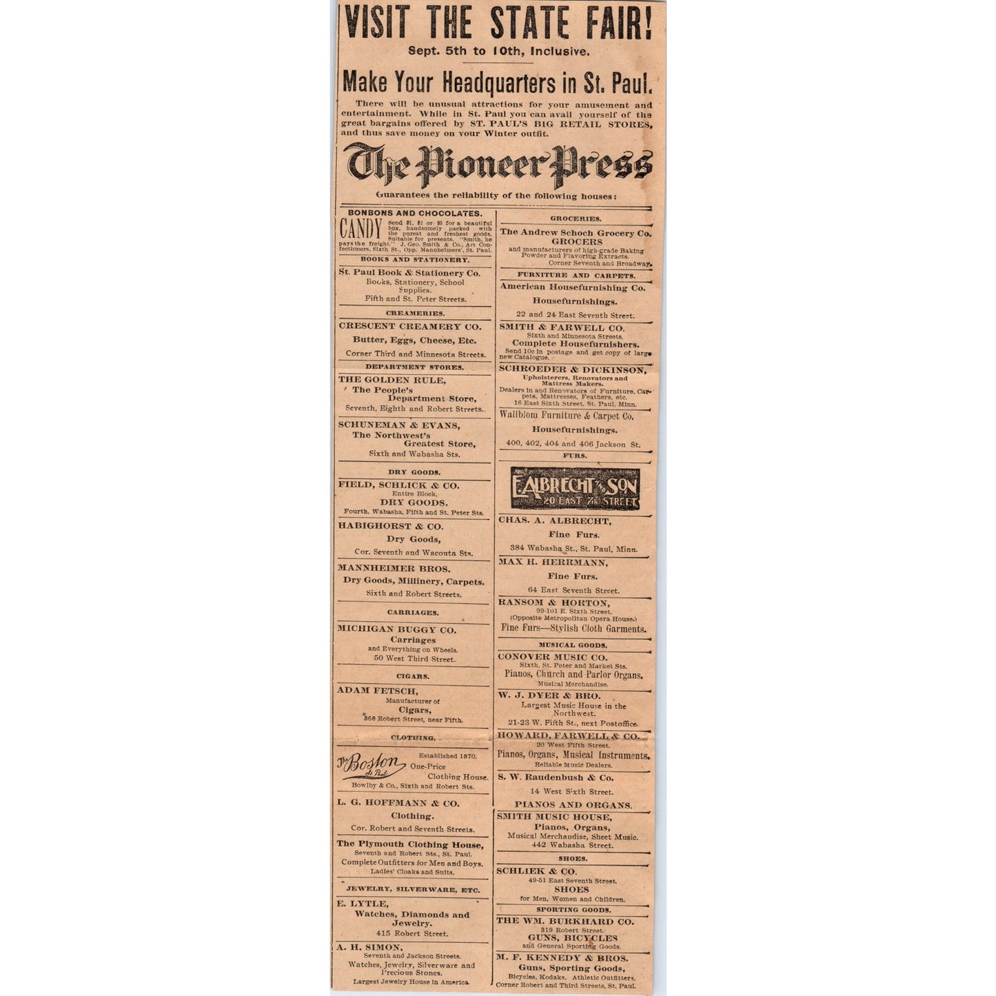 Minnesota State Fair List of Vendors St. Paul MN 1898 Newspaper Ad AF2-A2