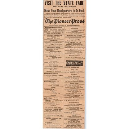 Minnesota State Fair List of Vendors St. Paul MN 1898 Newspaper Ad AF2-A2