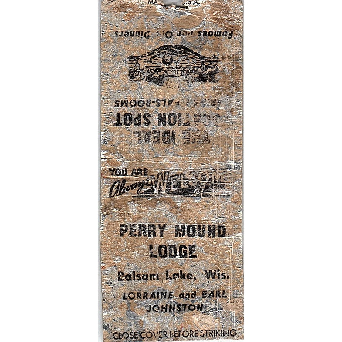 Perry Mound Lodge Balsam Lake WI Lorraine & Earl Johnston Matchbook Cover SF3-Y9